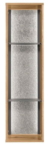 Frontale Ansicht eines Hängeregals mit zwei Regalböden, Holzrahmen und silberner Rückwand.