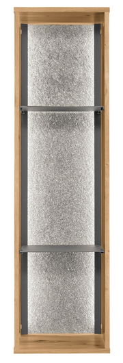 Frontale Ansicht eines Hängeregals mit zwei Regalböden, Holzrahmen und silberner Rückwand.