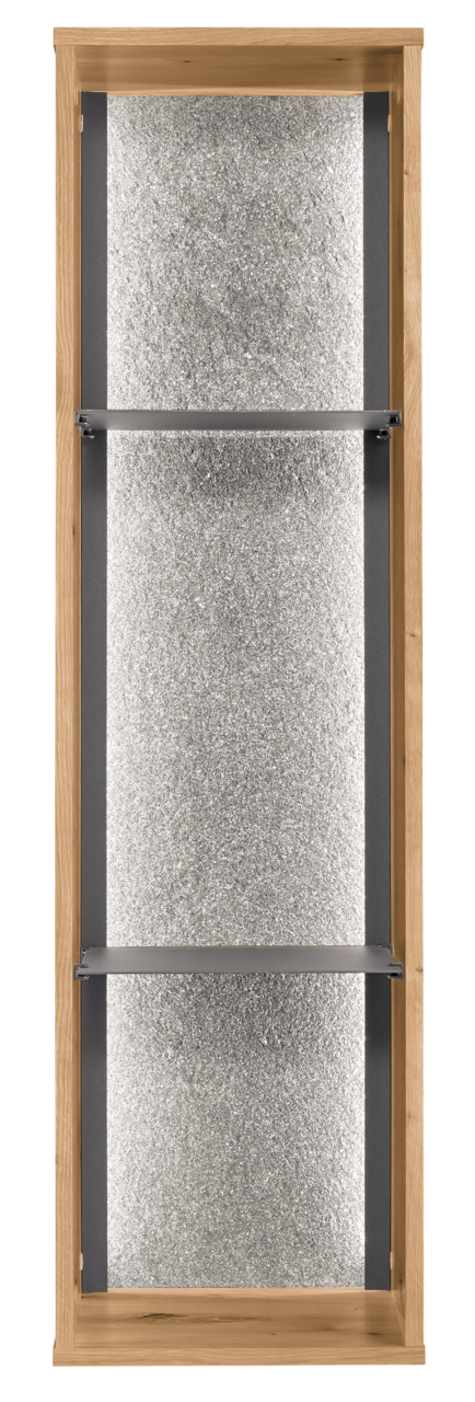 Frontale Ansicht eines Hängeregals mit zwei Regalböden, Holzrahmen und silberner Rückwand.