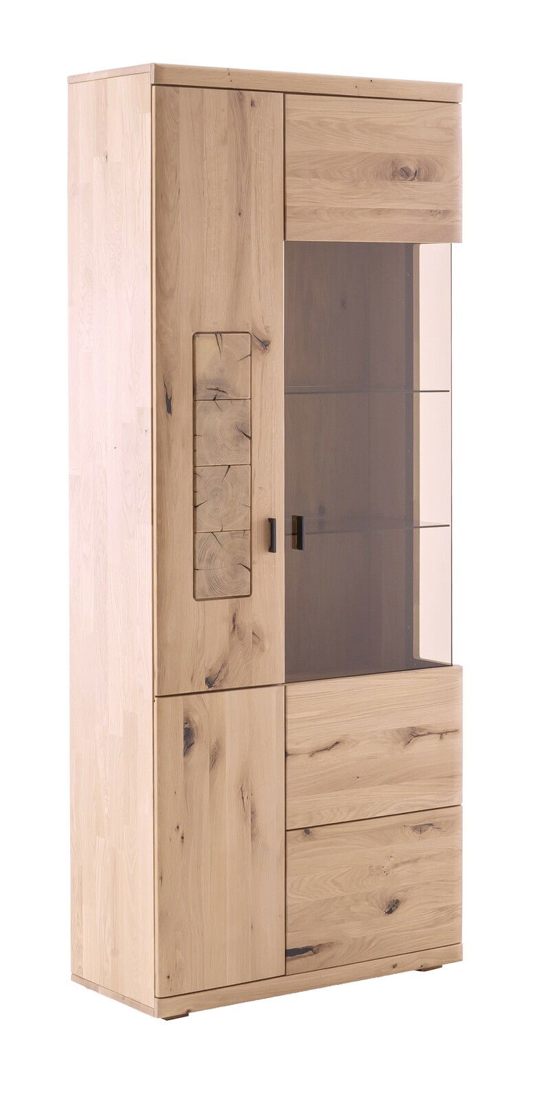 Holzvitrine mit Glastür, seitliche Perspektive