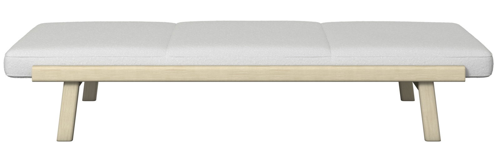 Sonnenliege mit hellem Holzrahmen und weißer Polsterung, frontal betrachtet.