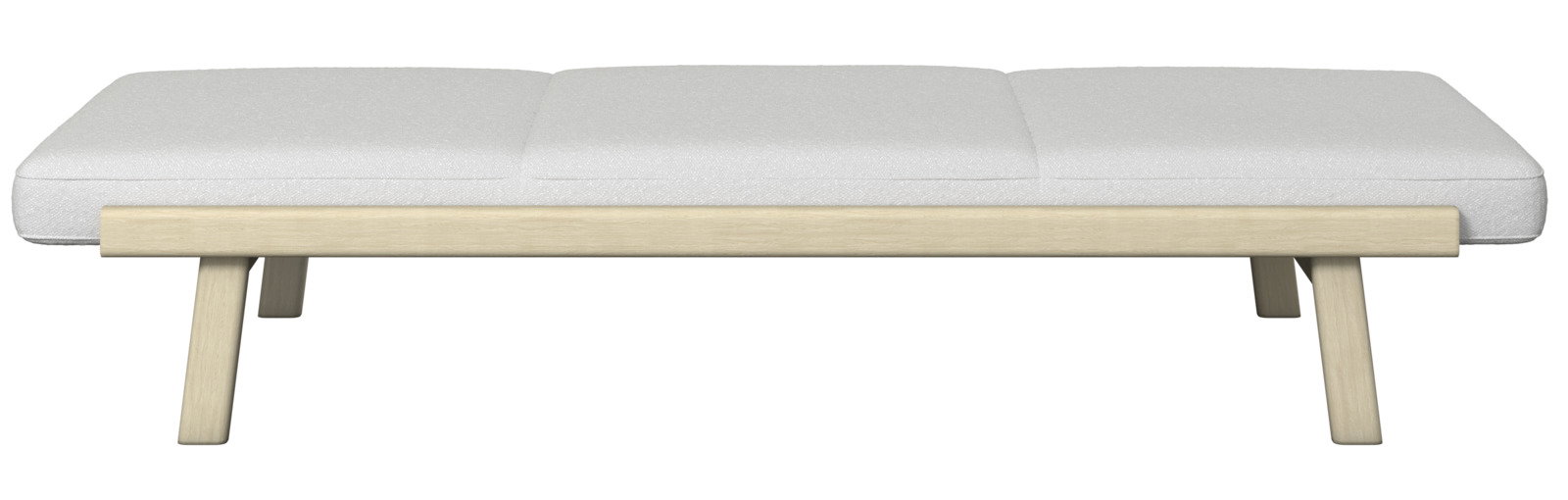 Sonnenliege mit hellem Holzrahmen und weißer Polsterung, frontal betrachtet.
