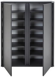 Moderner Schuhschrank mit offenen Türen, frontal betrachtet, zeigt mehrere Regalböden zur Aufbewahrung.