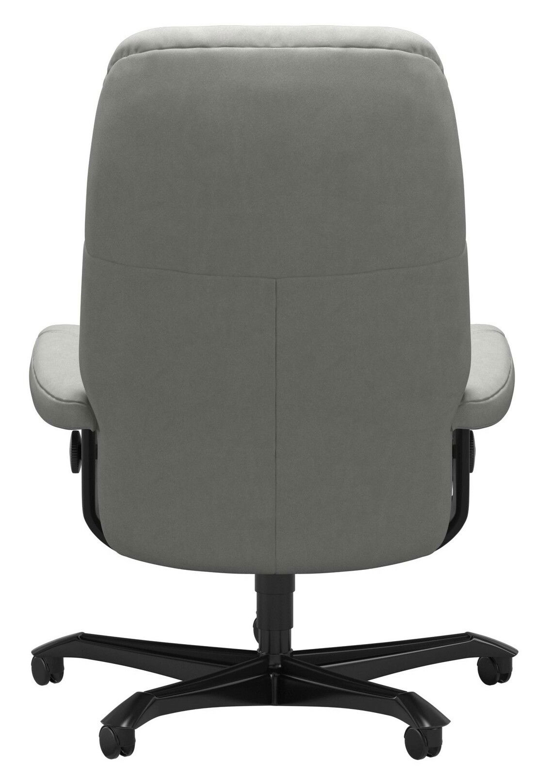 Rückansicht eines grauen Chefsessels mit schwarzem Fußkreuz und Rollen