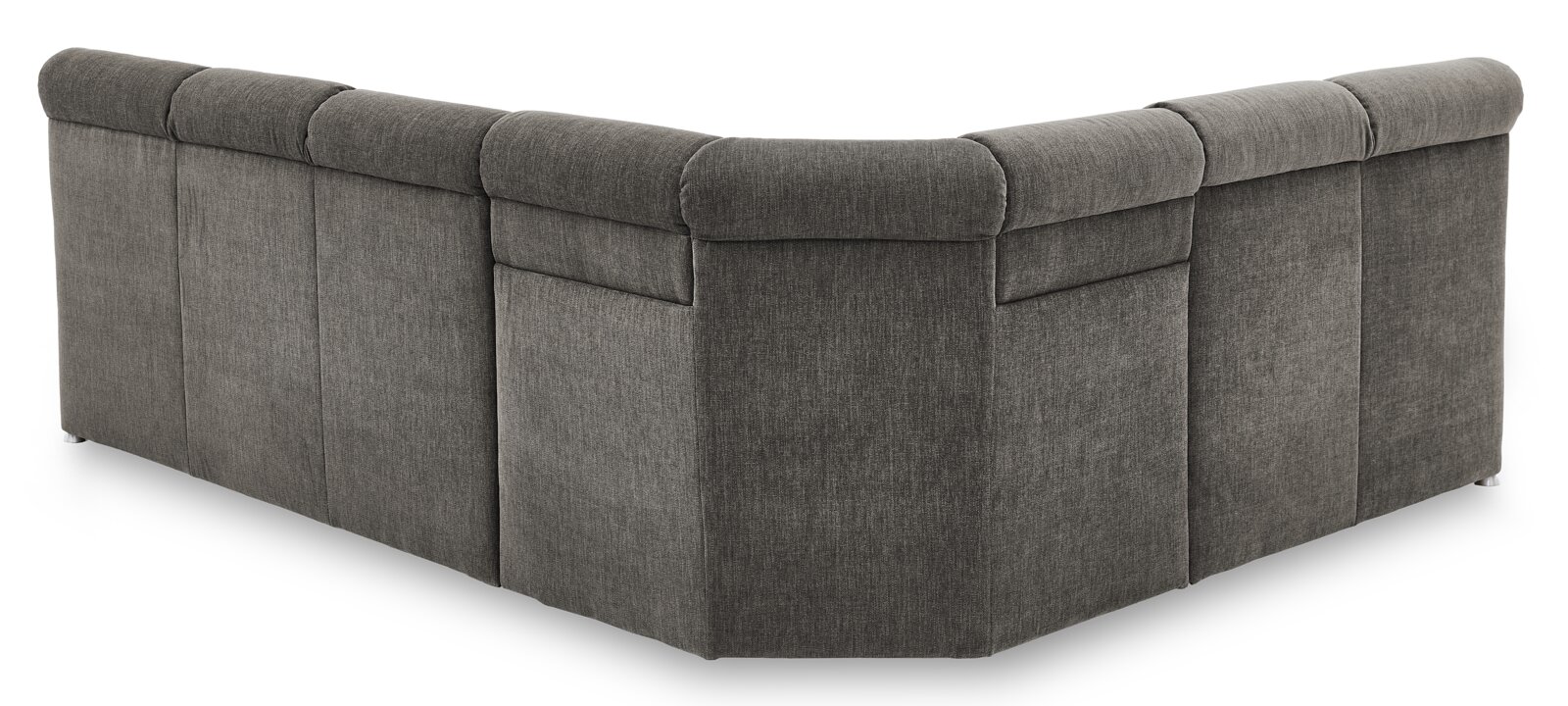 Beldomo Comfort Ecksofa MALAGA Rückansicht einer grauen Polsterrundecke in L-Form mit gepolsterten Rückenlehnen.