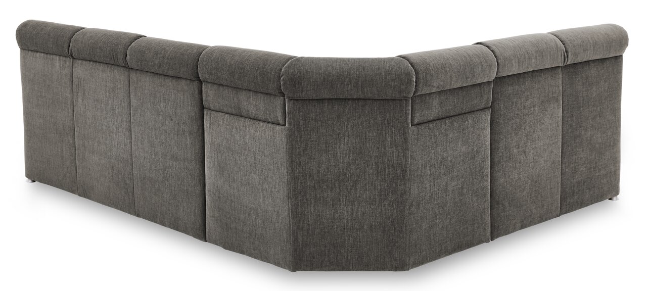 Beldomo Comfort Ecksofa MALAGA Rückansicht einer grauen Polsterrundecke in L-Form mit gepolsterten Rückenlehnen.