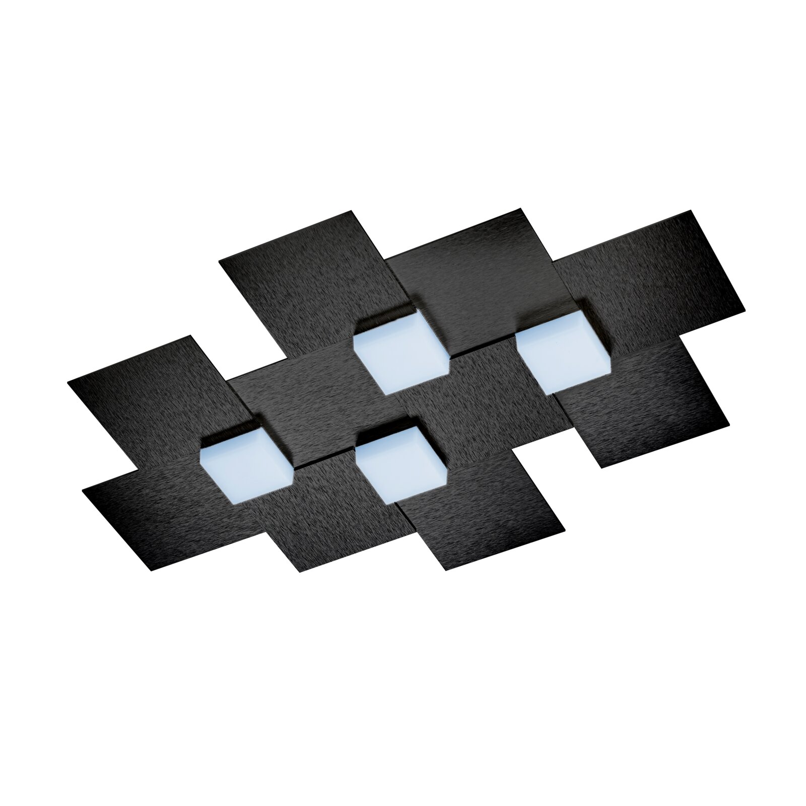 Moderne schwarze LED-Deckenleuchte mit geometrisch versetzten quadratischen Platten und vier leuchtenden Würfeln, diagonal aus der Untersicht dargestellt