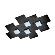 Moderne schwarze LED-Deckenleuchte mit geometrisch versetzten quadratischen Platten und vier leuchtenden Würfeln, diagonal aus der Untersicht dargestellt