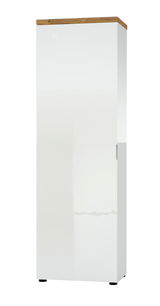 Moderner weißer Garderobenschrank mit Holzoberseite, Frontalansicht