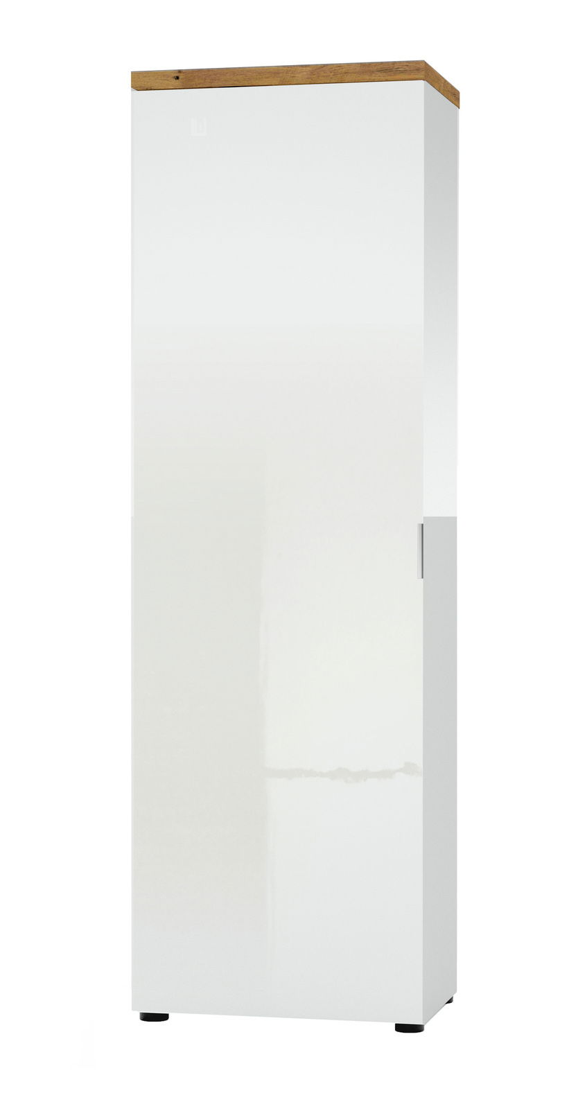 Moderner weißer Garderobenschrank mit Holzoberseite, Frontalansicht