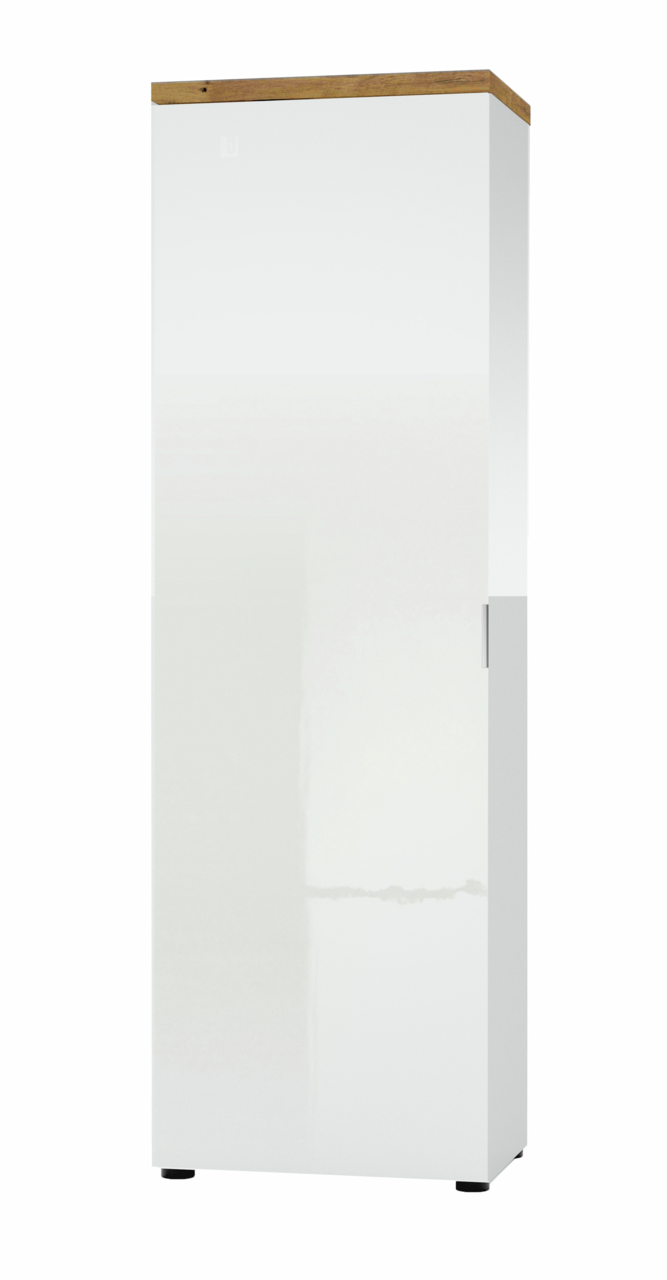 Moderner weißer Garderobenschrank mit Holzoberseite, Frontalansicht
