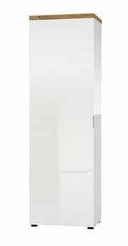 Moderner weißer Garderobenschrank mit Holzoberseite, Frontalansicht