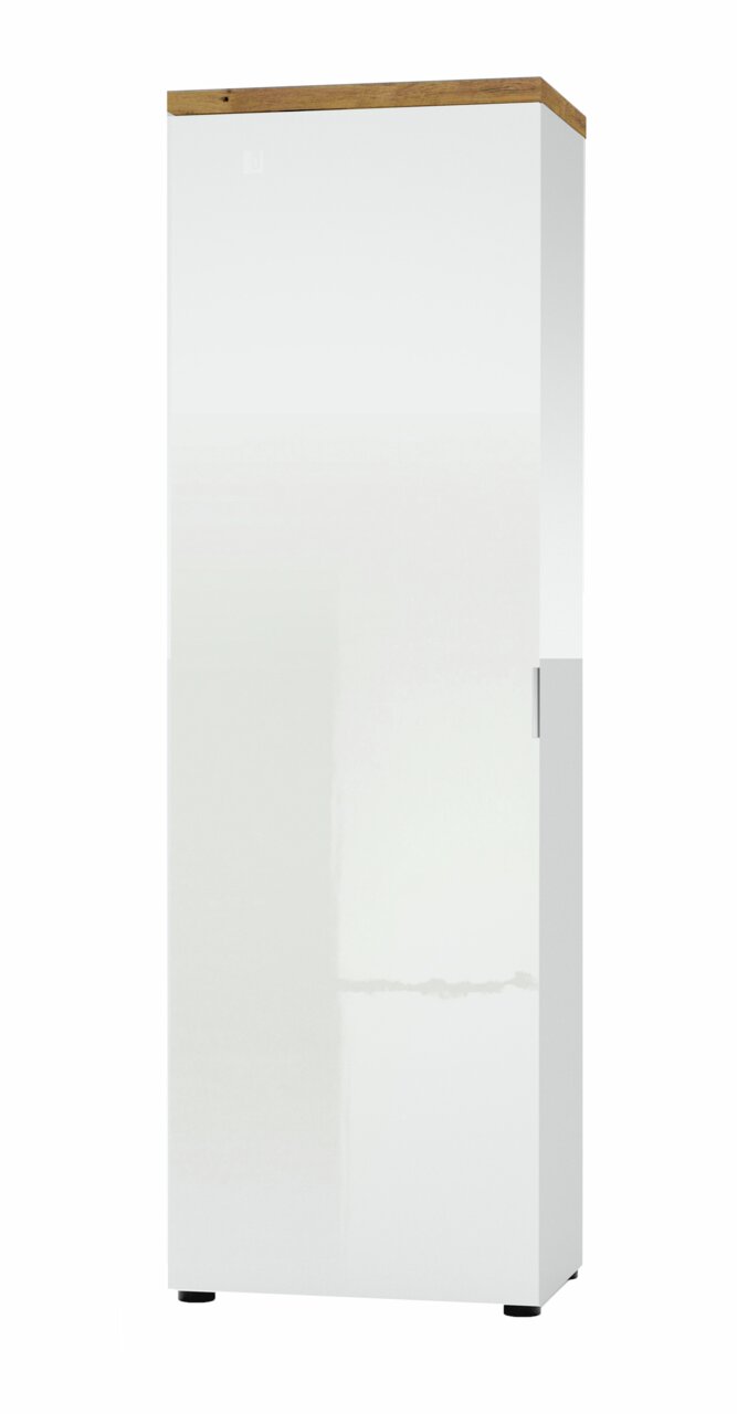 Moderner weißer Garderobenschrank mit Holzoberseite, Frontalansicht