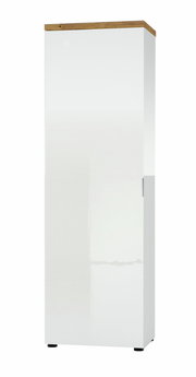 Moderner weißer Garderobenschrank mit Holzoberseite, Frontalansicht