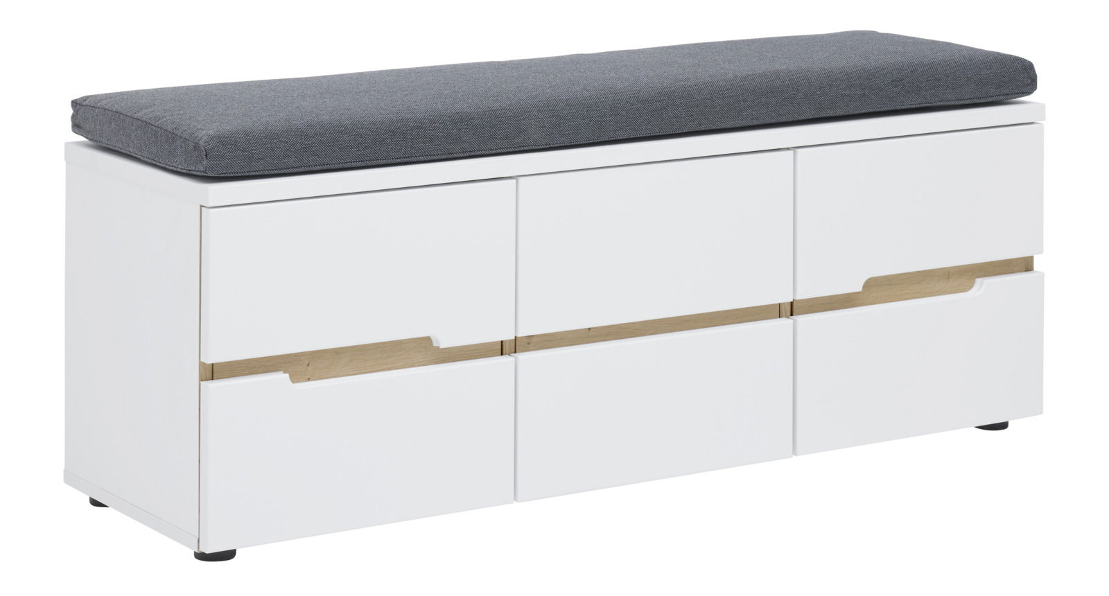 Weiße Bank mit grauem Sitzkissen, Holzdetails und Stauraum, seitliche Perspektive