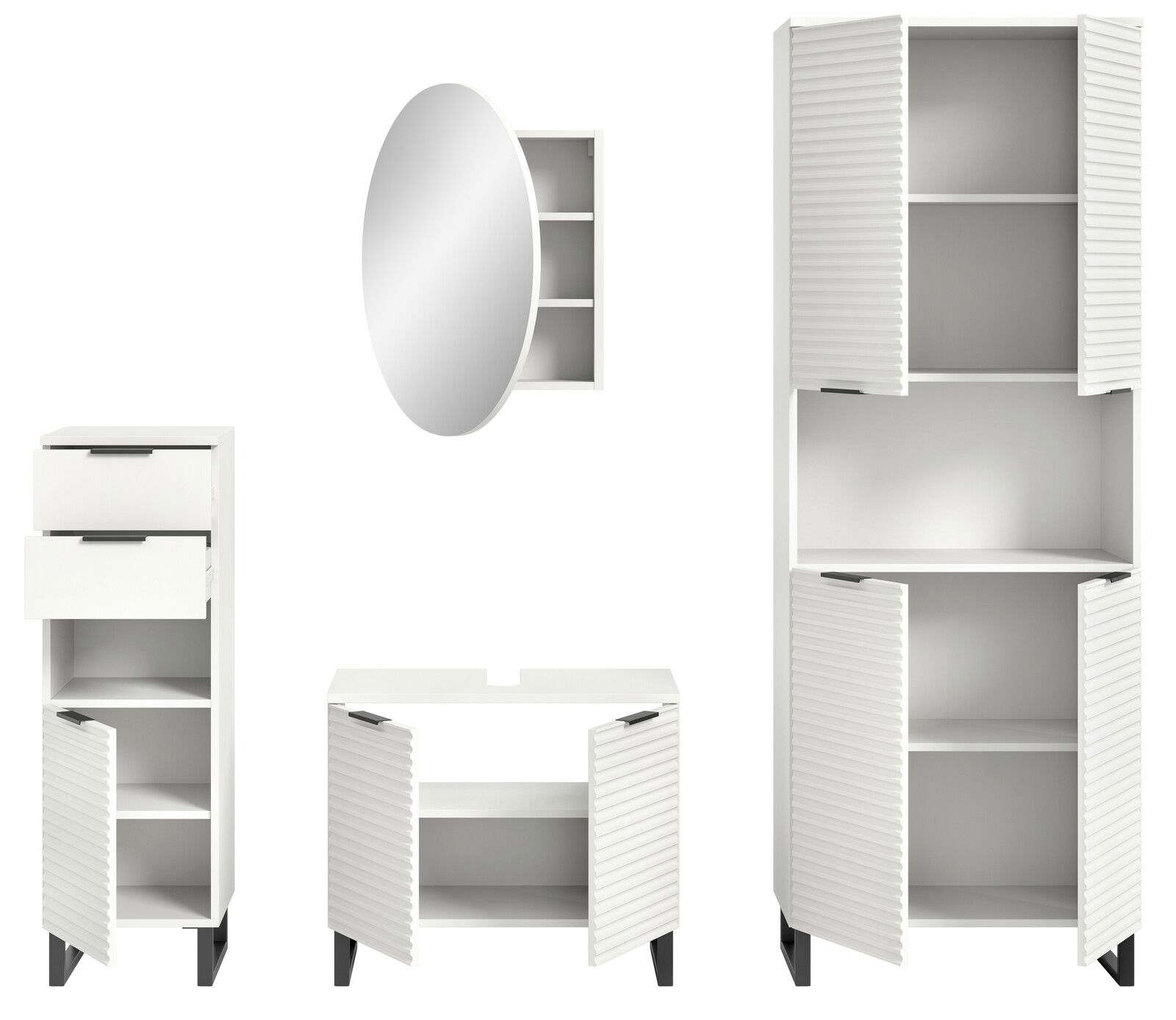 Badkombination bestehend aus einem hohen Schrank, einem niedrigen Schrank mit Schubladen, einem Waschbeckenunterschrank und einem runden Spiegel, alle in weißer Farbe mit schwarzen Griffen, aus frontaler Perspektive.