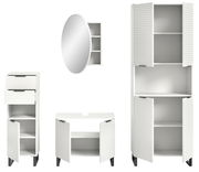 Badkombination bestehend aus einem hohen Schrank, einem niedrigen Schrank mit Schubladen, einem Waschbeckenunterschrank und einem runden Spiegel, alle in weißer Farbe mit schwarzen Griffen, aus frontaler Perspektive.