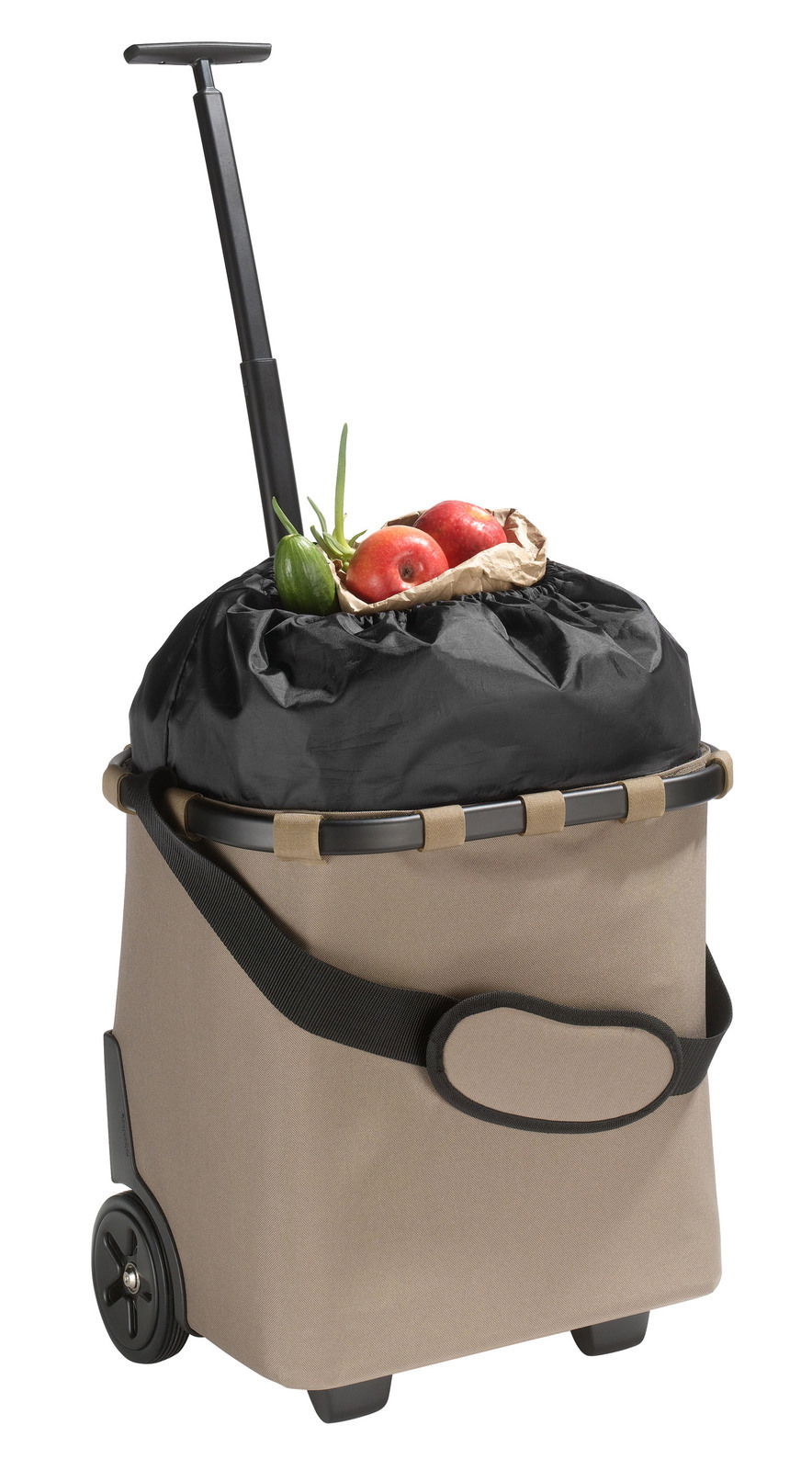 Einkaufsroller Carrycruiser mit Teleskopgriff, gefüllt mit frischem Obst, seitliche Perspektive