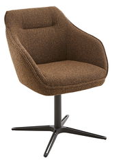 Brauner Armlehnstuhl mit Stoffbezug und schwarzem Metallfuß, seitliche Perspektive