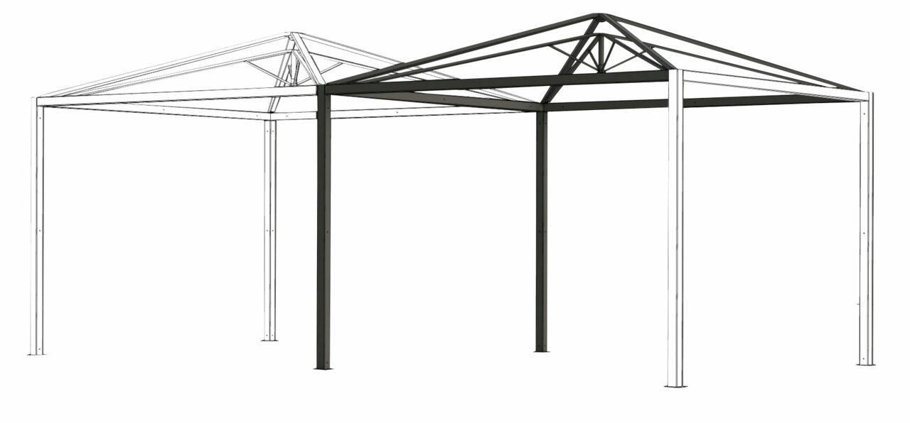 Metallrahmen einer Pagode Erweiterung, seitliche Perspektive