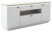 Modernes Sideboard in Weiß mit Holzoberfläche, seitliche Perspektive