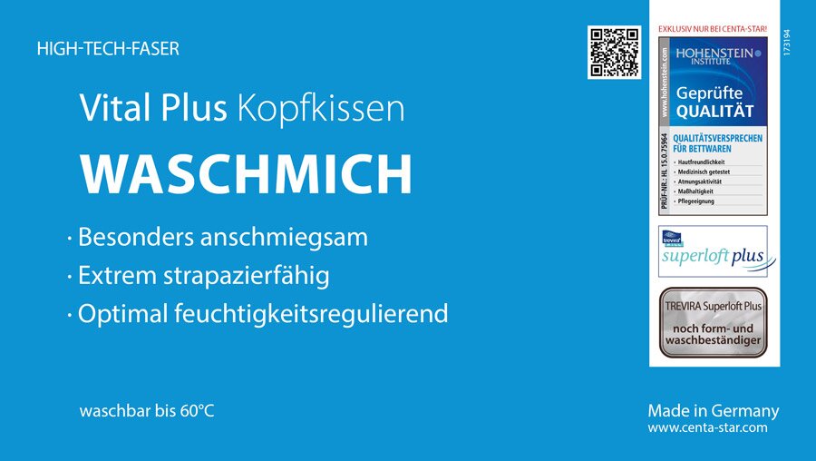 Kopfkissen Waschmich Plus, besonders anschmiegsam, extrem strapazierfähig, optimal feuchtigkeitsregulierend, waschbar bis 60°C, Made in Germany, Vorderansicht.