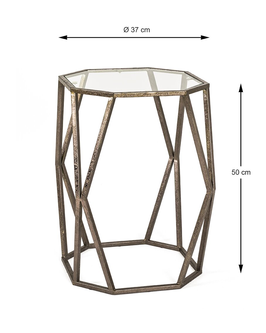 Runder Beistelltisch mit geometrischem Metallgestell in Antik-Gold/Brass-Optik und Glasplatte, Ø 37 cm, Höhe 50 cm, freigestellt in leichter Schrägansicht von vorn.