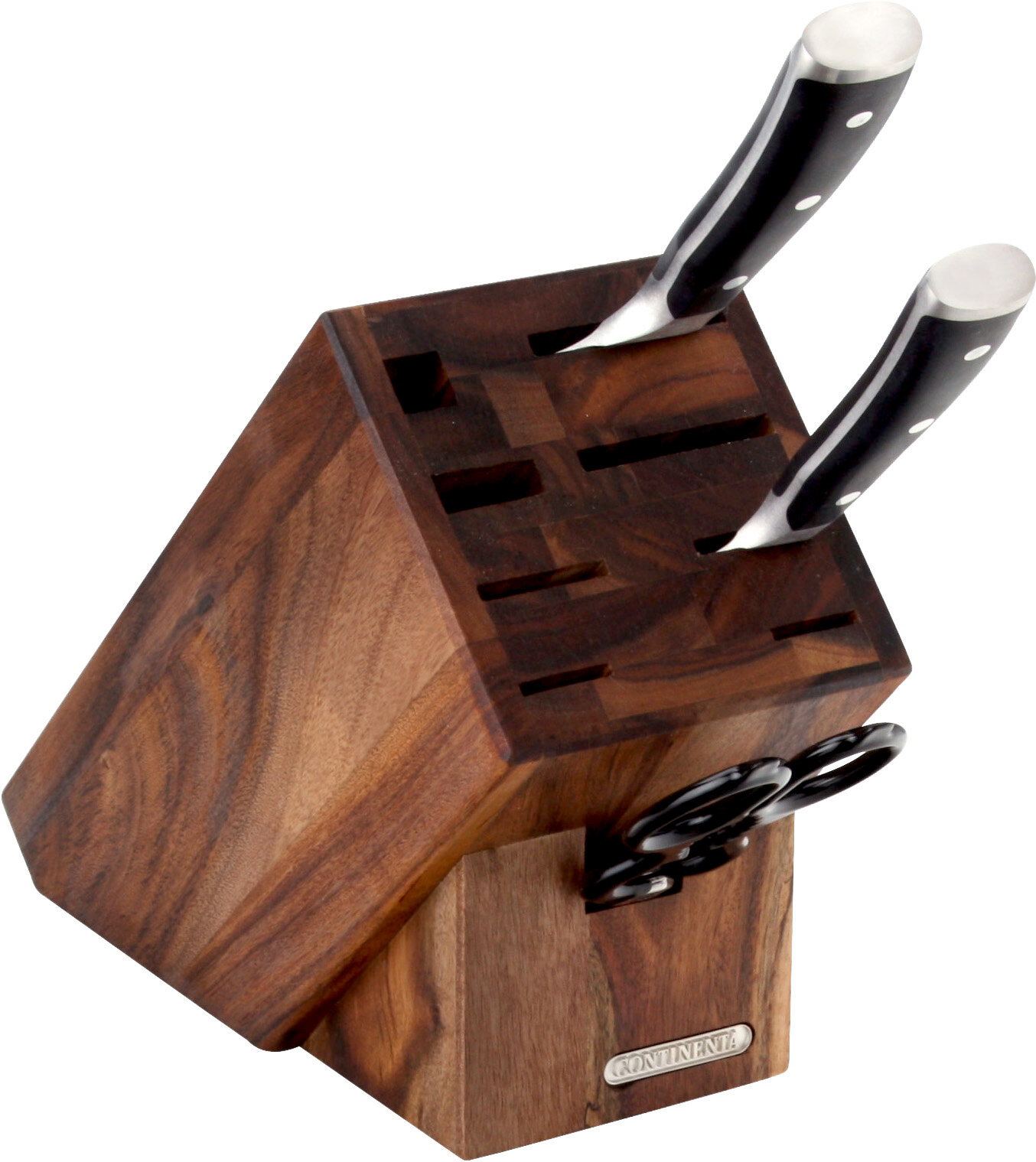 Continenta Messerblock Schräg stehender Messerblock aus dunklem Holz mit mehreren Steckplätzen, zwei eingesetzten Messern und seitlich eingesteckter Küchenschere, fotografiert in schräger Draufsicht vor weißem Hintergrund.