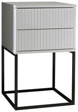 Moderne Nachtkommode mit zwei Schubladen und geriffelter Front, auf einem schwarzen Metallgestell, seitliche Perspektive