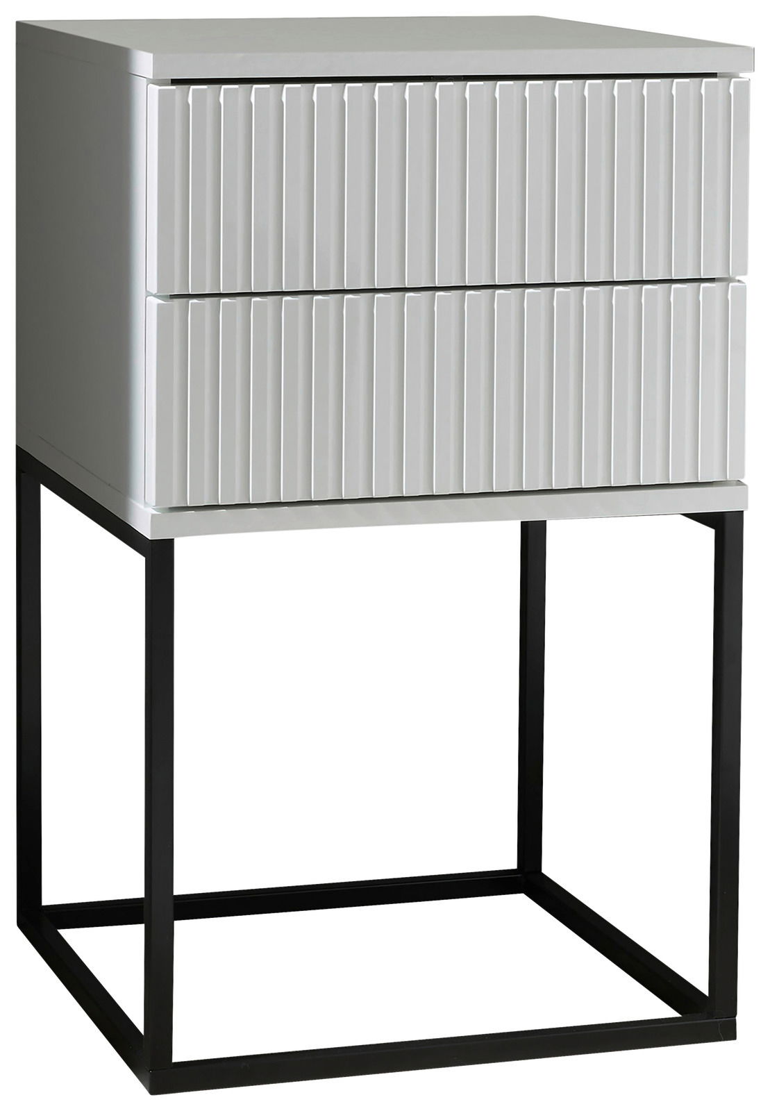Moderne Nachtkommode mit zwei Schubladen und geriffelter Front, auf einem schwarzen Metallgestell, seitliche Perspektive