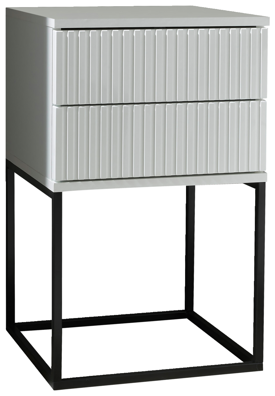 Z2 Nachtkommode MARLE Moderne Nachtkommode mit zwei Schubladen und geriffelter Front, auf einem schwarzen Metallgestell, seitliche Perspektive