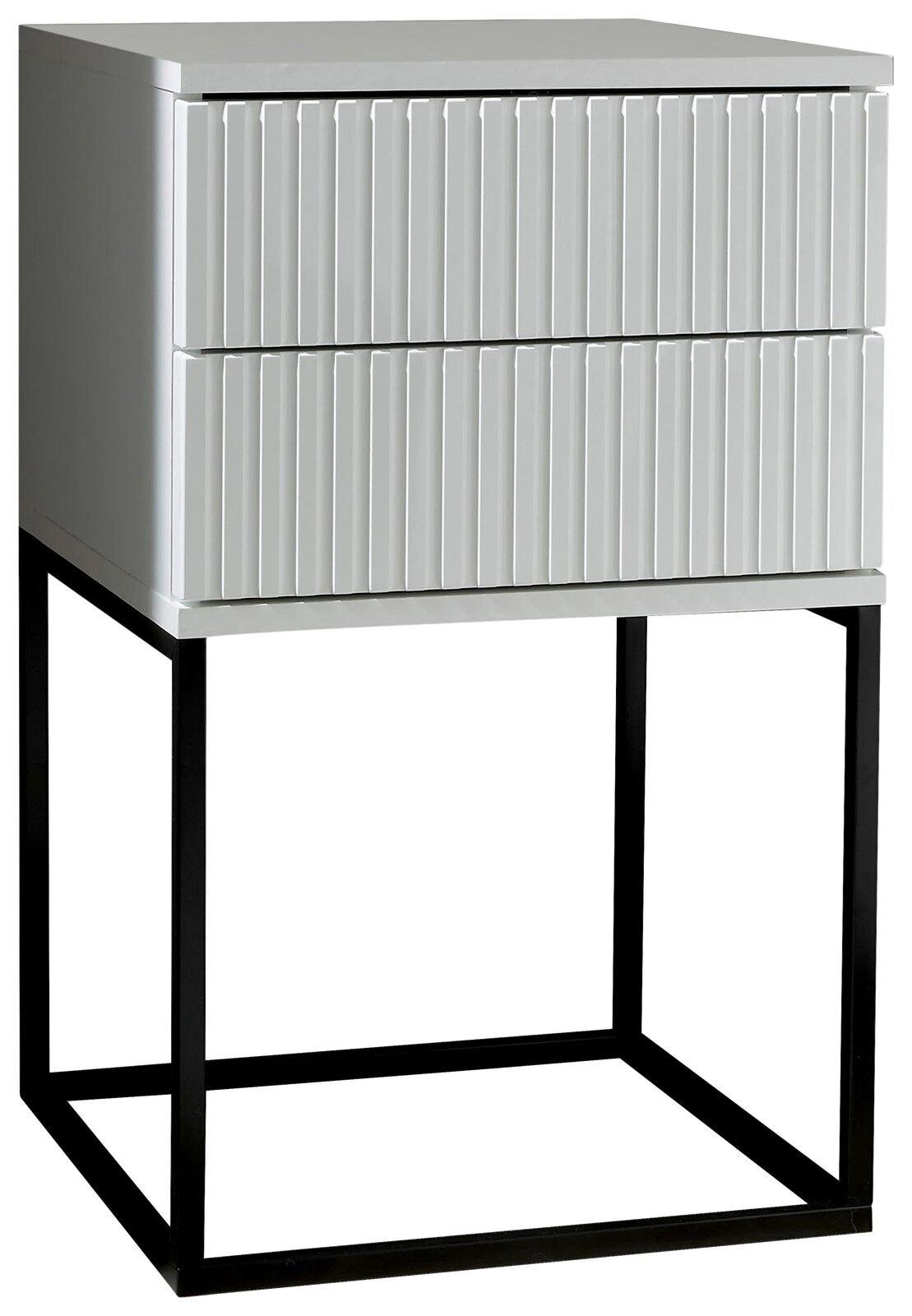 Z2 Nachtkommode MARLE Moderne Nachtkommode mit zwei Schubladen und geriffelter Front, auf einem schwarzen Metallgestell, seitliche Perspektive