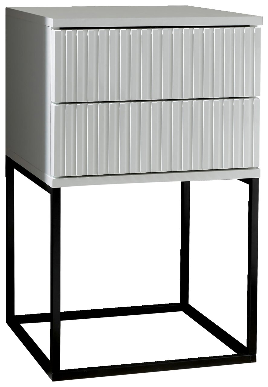 Moderne Nachtkommode mit zwei Schubladen und geriffelter Front, auf einem schwarzen Metallgestell, seitliche Perspektive