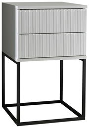 Moderne Nachtkommode mit zwei Schubladen und geriffelter Front, auf einem schwarzen Metallgestell, seitliche Perspektive