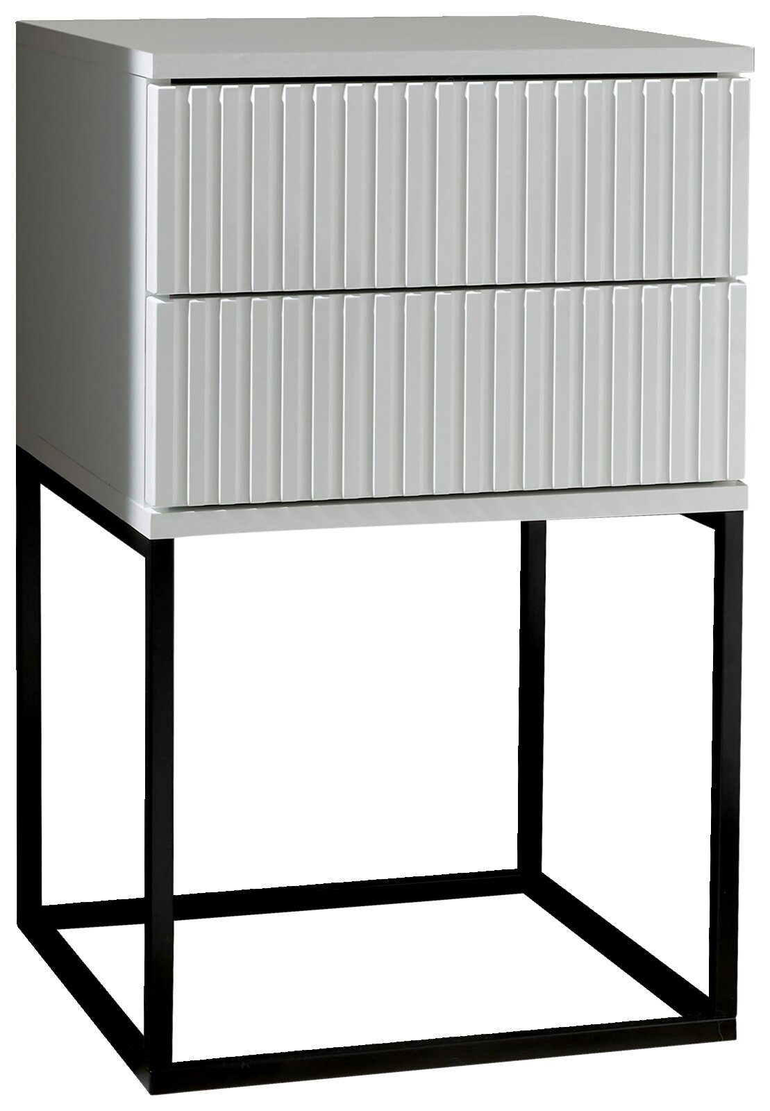 Z2 Nachtkommode MARLE Moderne Nachtkommode mit zwei Schubladen und geriffelter Front, auf einem schwarzen Metallgestell, seitliche Perspektive