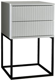 Moderne Nachtkommode mit zwei Schubladen und geriffelter Front, auf einem schwarzen Metallgestell, seitliche Perspektive