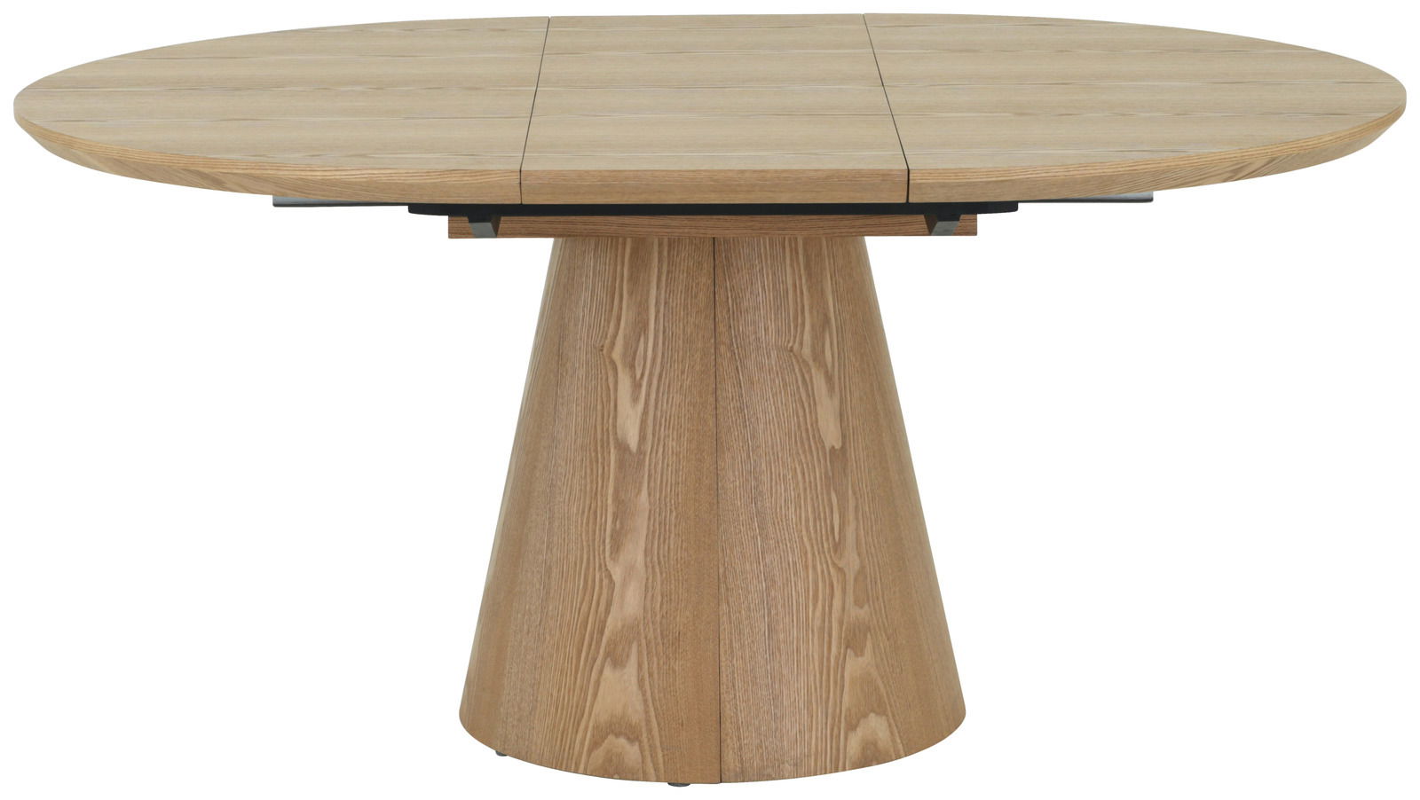 Runder Esstisch aus Holz mit konischem Fuß, Frontalansicht