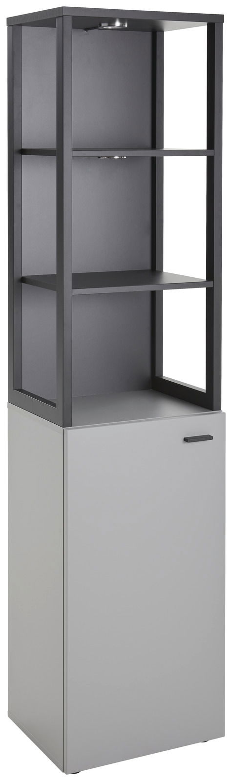 Moderne Vitrine mit schwarzem Metallrahmen und grauem Unterschrank, frontal betrachtet.