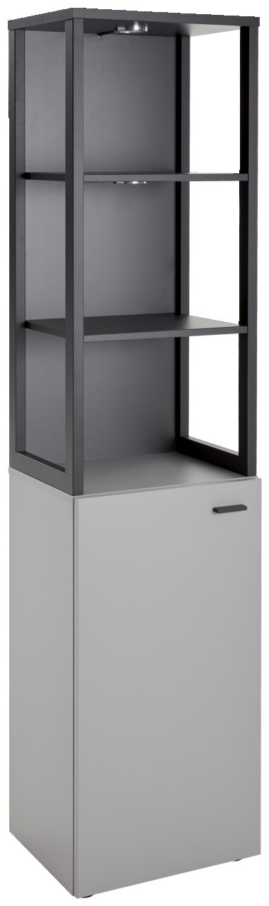 Moderne Vitrine mit schwarzem Metallrahmen und grauem Unterschrank, frontal betrachtet.