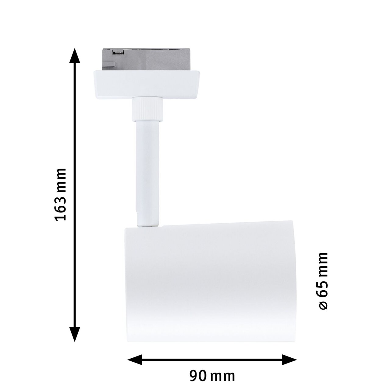 Witte railspot Luxe in zijaanzicht, met afmetingen van 163 mm hoogte, 90 mm lengte en 65 mm diameter.
