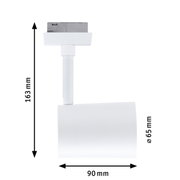 Witte railspot Luxe in zijaanzicht, met afmetingen van 163 mm hoogte, 90 mm lengte en 65 mm diameter.