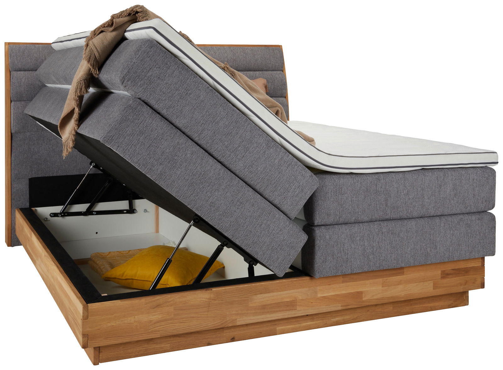 Boxspringbett MARISSA mit hochgeklappter Matratze und Stauraum, seitliche Perspektive