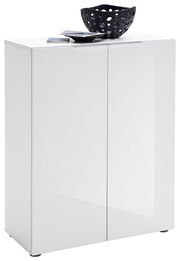 Weißer Schuhschrank mit zwei Türen, darauf eine schwarze Schale und Bücher, seitliche Perspektive