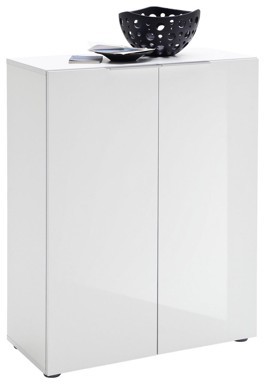 Weißer Schuhschrank mit zwei Türen, darauf eine schwarze Schale und Bücher, seitliche Perspektive