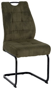 Grüner Schwingstuhl mit geripptem Stoffbezug und schwarzem Metallgestell, seitliche Perspektive