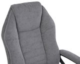 Grauer Homeoffice-Drehstuhl mit gepolsterter Rückenlehne und Armlehnen, seitliche Perspektive
