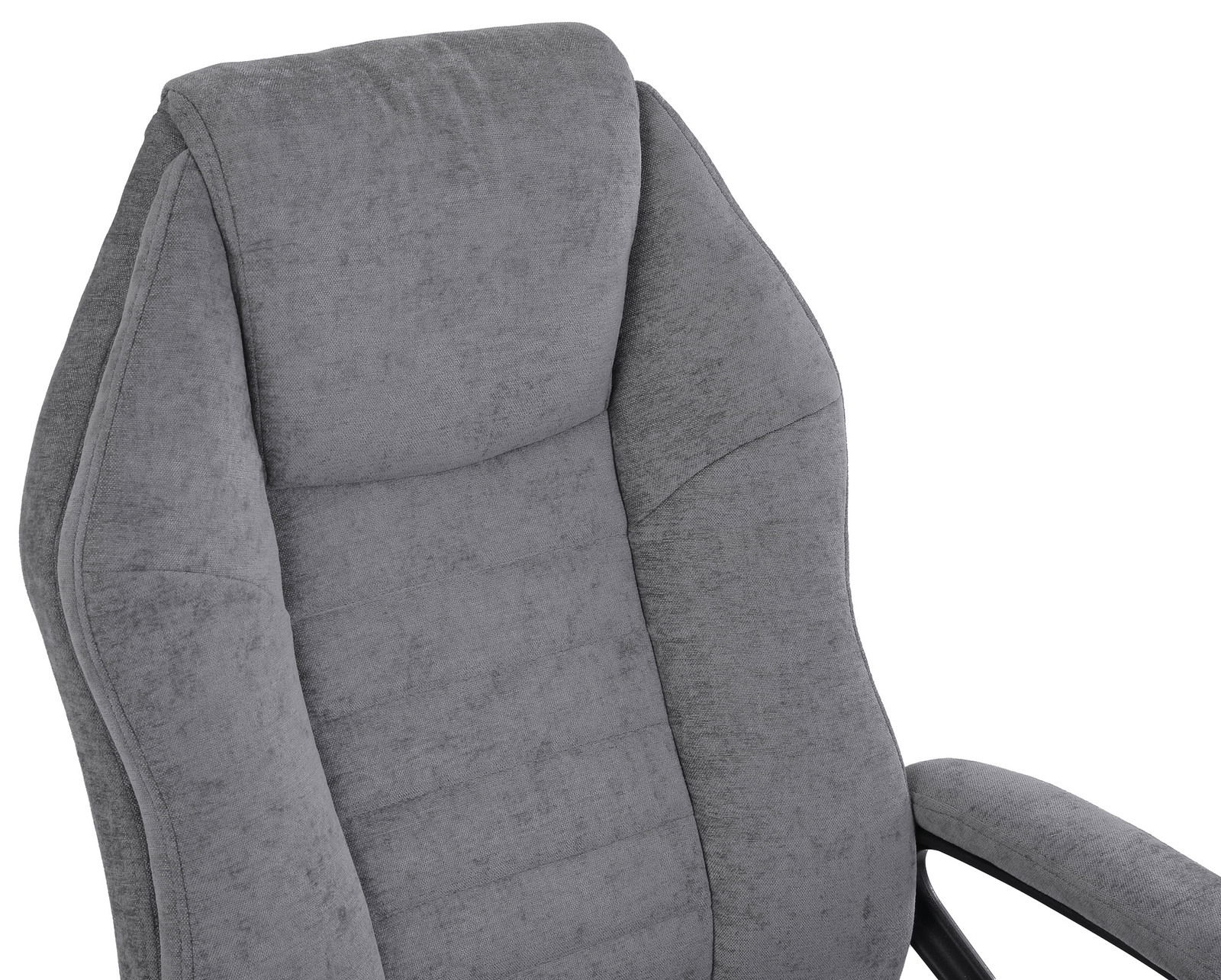 Grauer Homeoffice-Drehstuhl mit gepolsterter Rückenlehne und Armlehnen, seitliche Perspektive