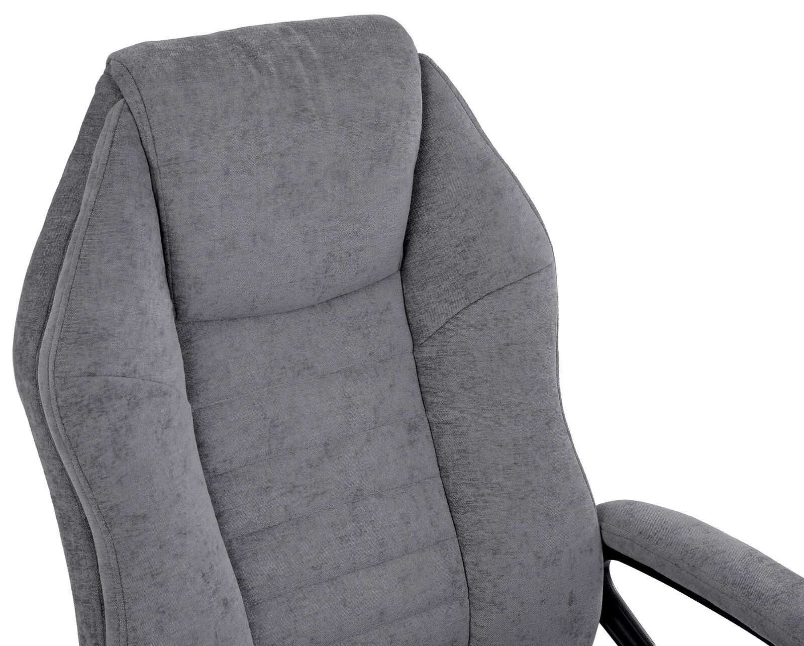 Grauer Homeoffice-Drehstuhl mit gepolsterter Rückenlehne und Armlehnen, seitliche Perspektive