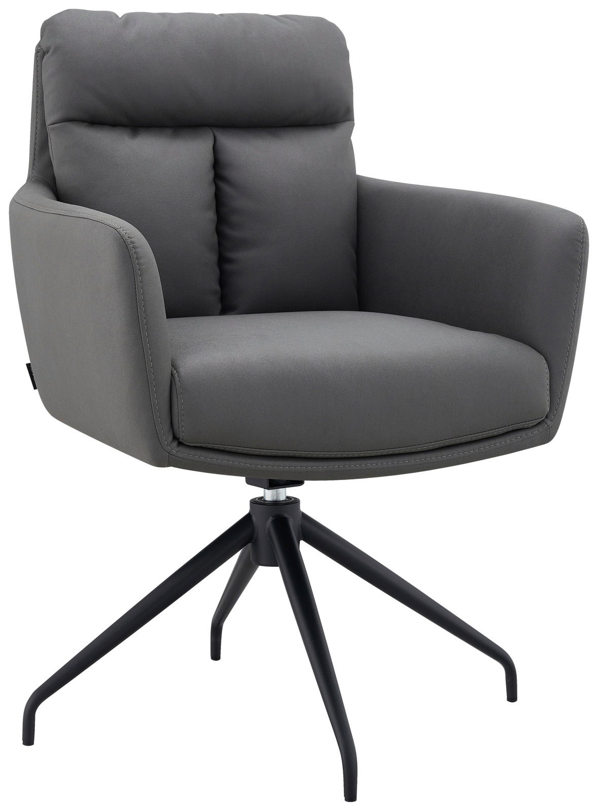 Novel Armlehnstuhl EMMA Grauer Armlehnstuhl mit gepolsterter Sitzfläche und Rückenlehne, auf schwarzem Drehgestell, seitliche Perspektive