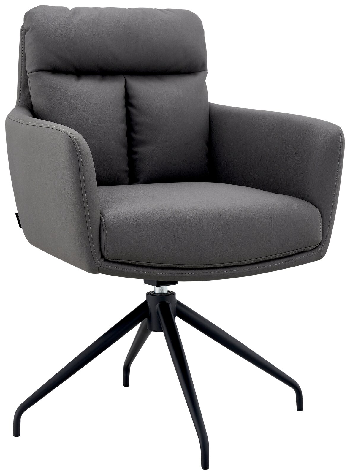 Grauer Armlehnstuhl mit gepolsterter Sitzfläche und Rückenlehne, auf schwarzem Drehgestell, seitliche Perspektive